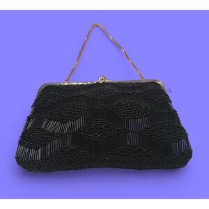 Vintage Black Beaded Clutch Purse – Hong Kong – Gold Tone Frame & Chain